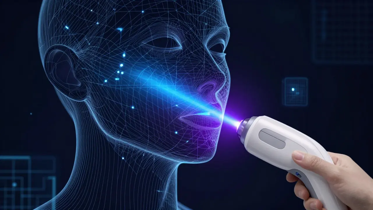 Abstraktní ilustrace laserového paprsku cílícího na vlasové folikuly