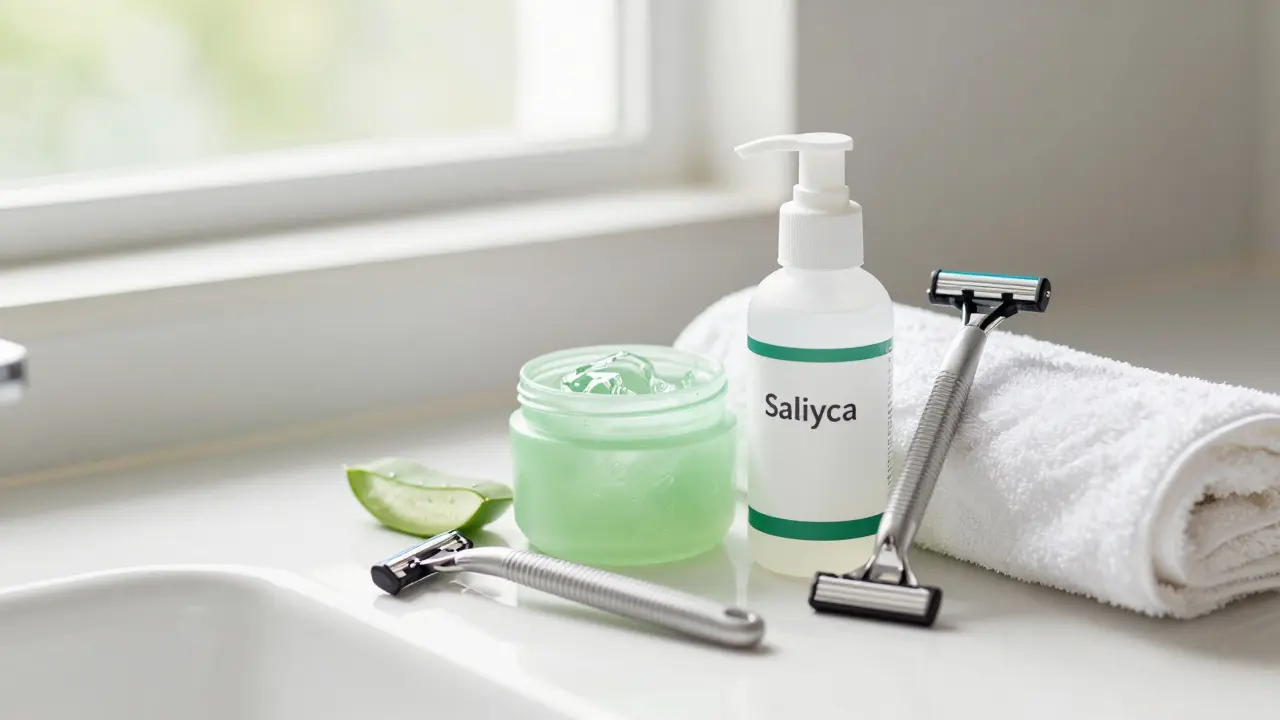 Hygienické náčiní na holení a uklidňující krémy v koupelně.