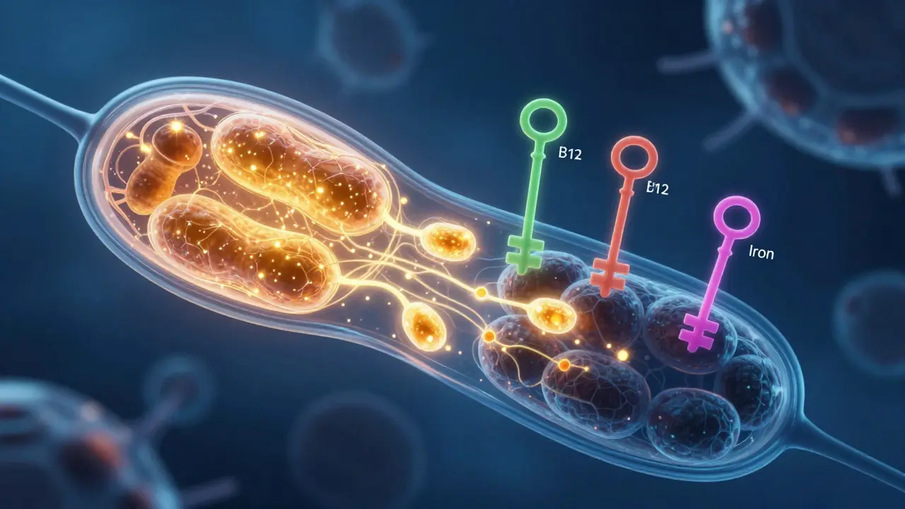Ilustrace mitochondrií jako buněčných elektráren doplňovaných vitamíny.