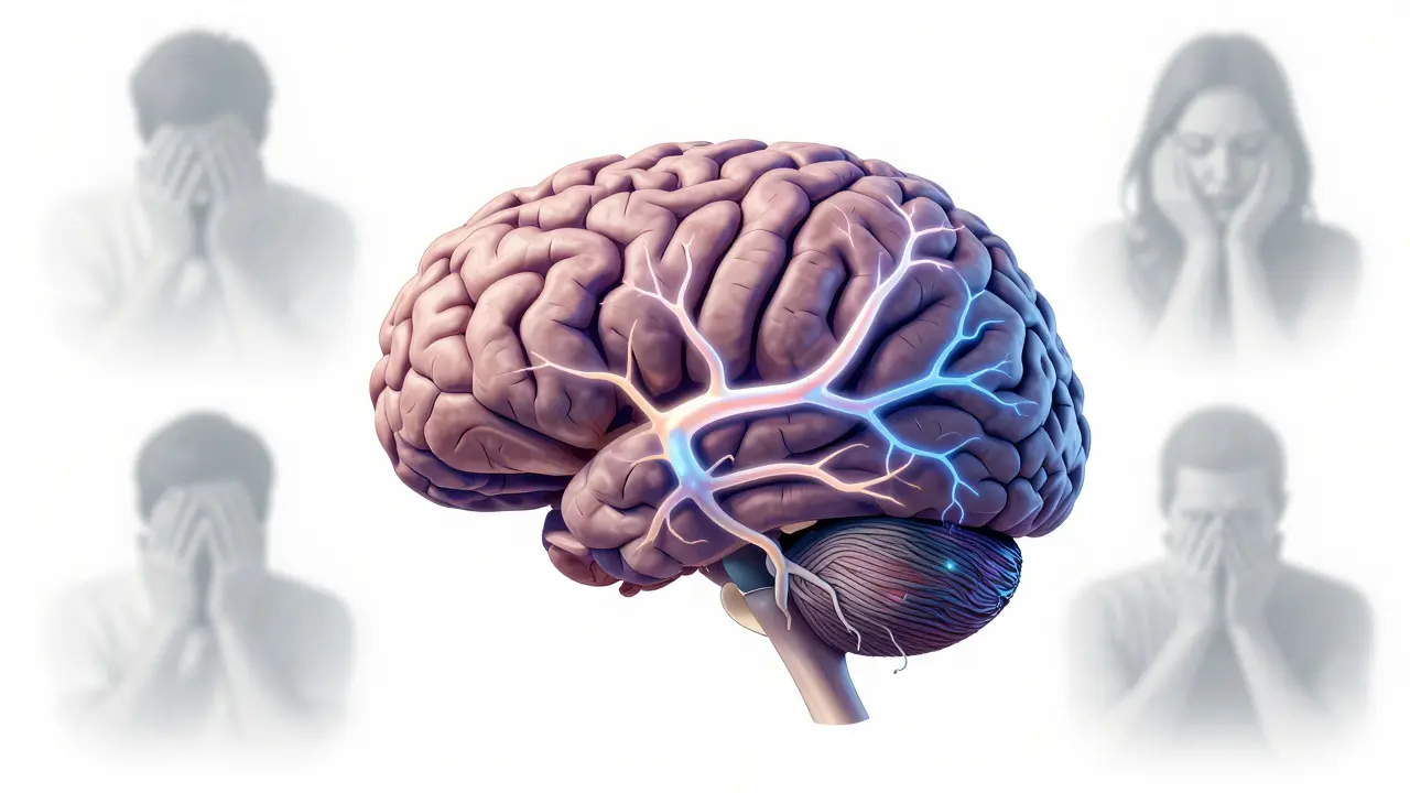 Ilustrace mozku s poškozenými neuronovými spojeními