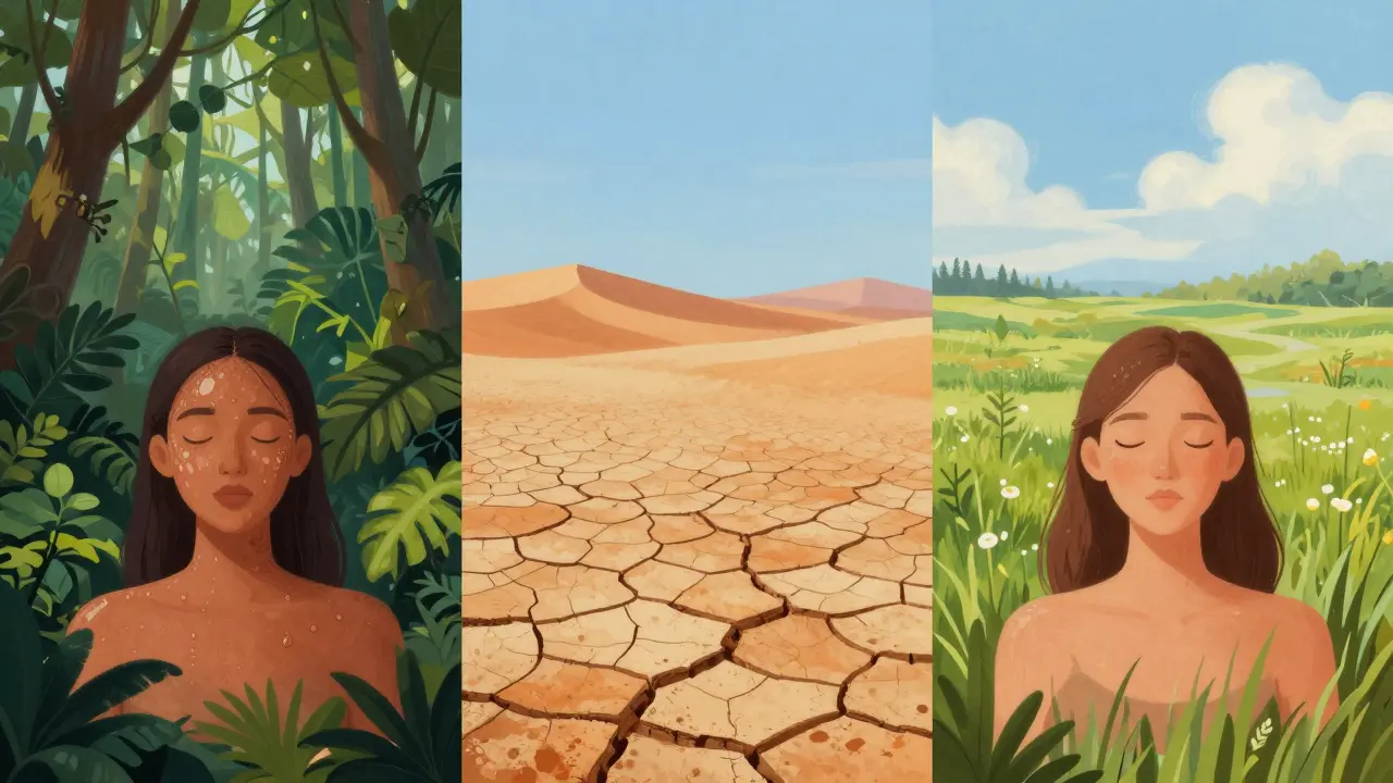 Ilustrace různých typů pleti jako krajin: prales, poušť a louka