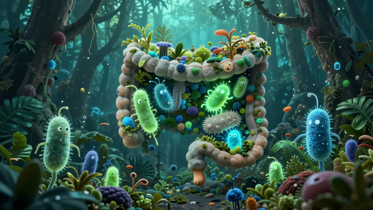 Konceptuální ilustrace prospěšných bakterií obnovujících střevní mikrobiom psa