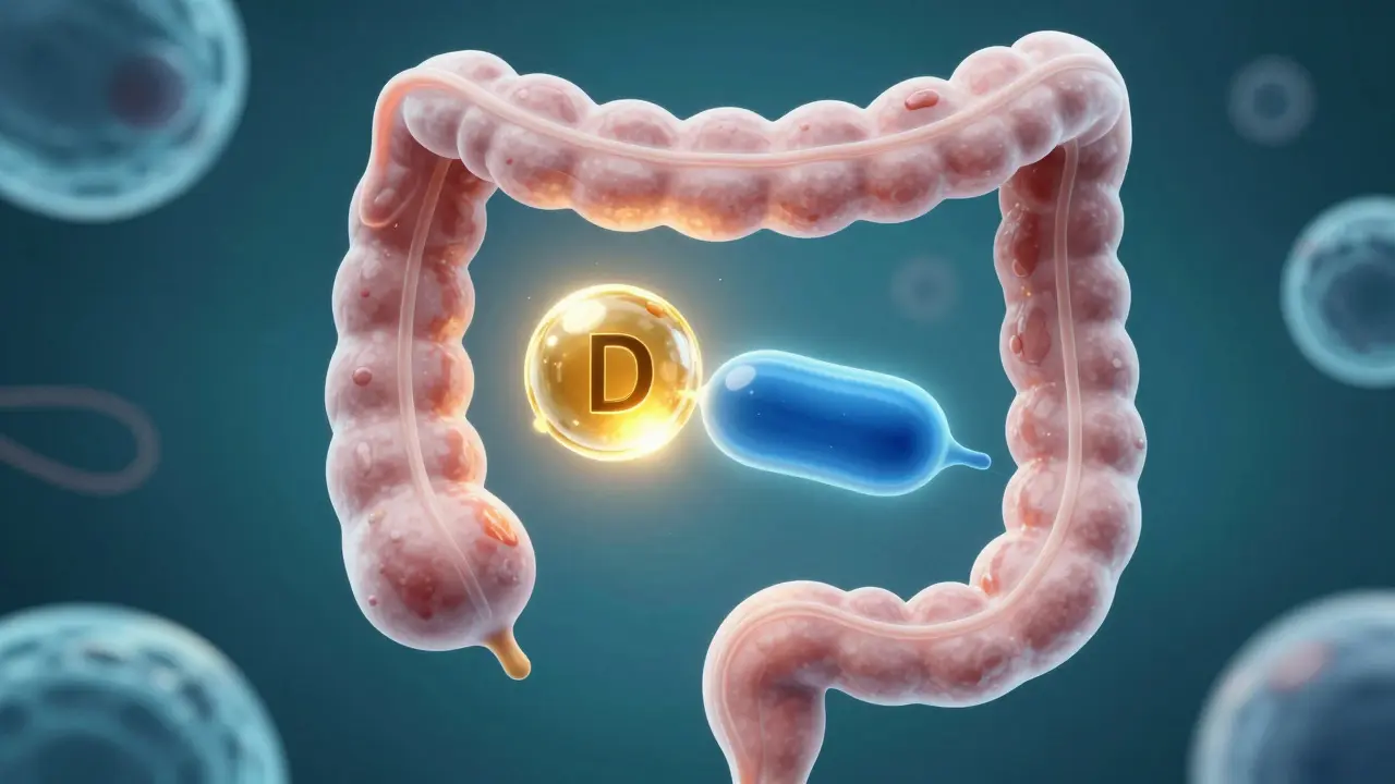 Konceptuální ilustrace vstřebávání vitamínu D tukem ve střevech