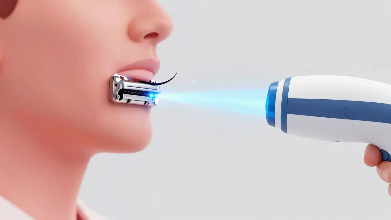 Konceptuální srovnání tradičního holení a laserové epilace.