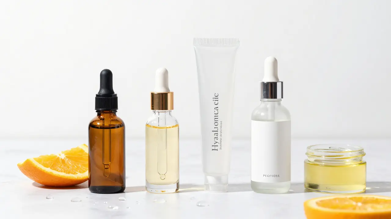 Čtyři lahvičky sér s retinolem, vitaminem C, hyaluronem a peptidy
