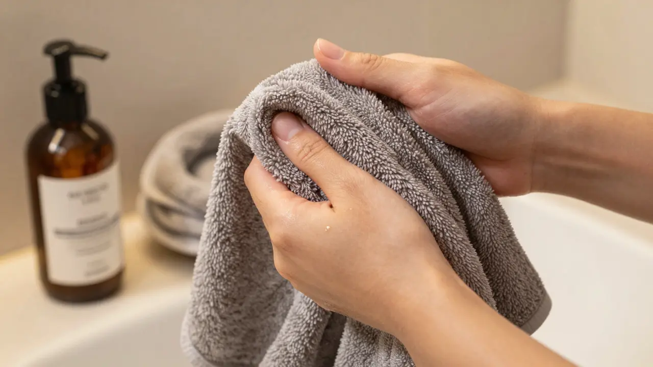 Jemné vytlačování vody z vlasů mikrofiberním ručníkem pro ochranu před poškozením