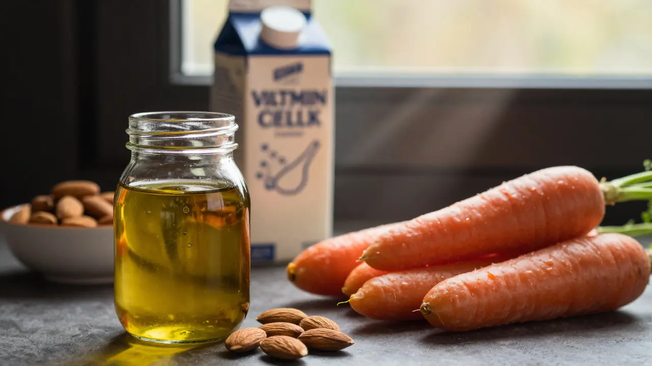 Olivový olej, ořechy a mrkev ilustrující stabilitu některých vitamínů