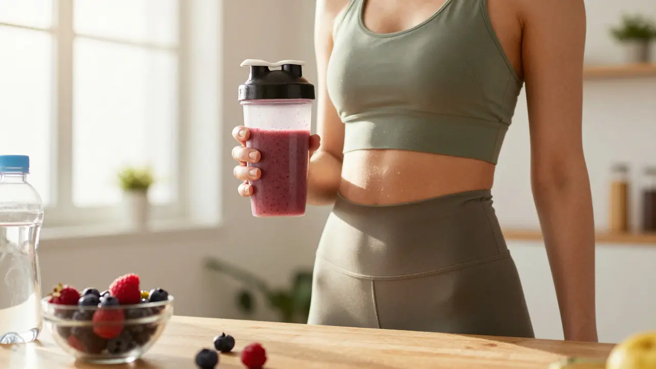 Sportovec s proteinovým shakeem po tréninku v domácím posilovně