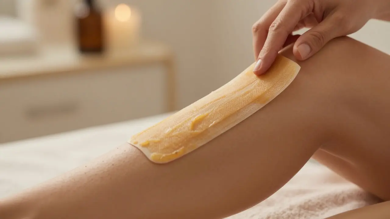 Záběr na aplikaci voskových pásků na nohu v salónu