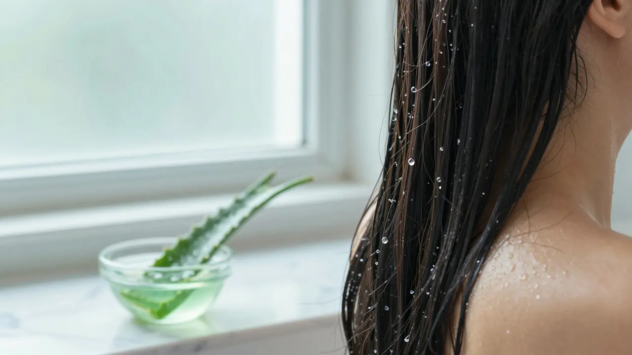 Žena s mokrými vlasy v koupelně, kapky vody a aloe vera na mramorové desce