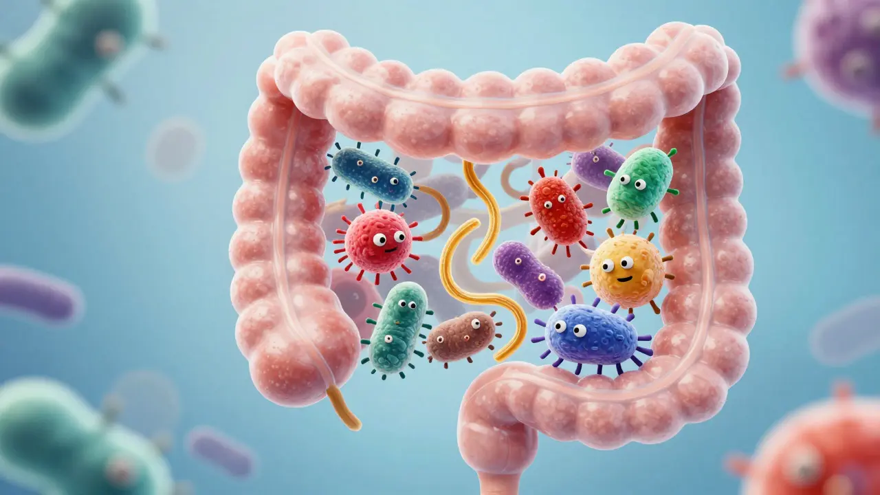 3D illustration of friendly bacteria and prebiotic fibers in the gut
