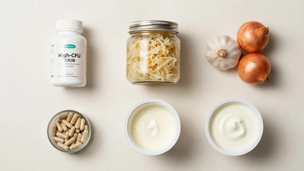 Flat lay of probiotic sources: capsules, sauerkraut, yogurt, and vegetables