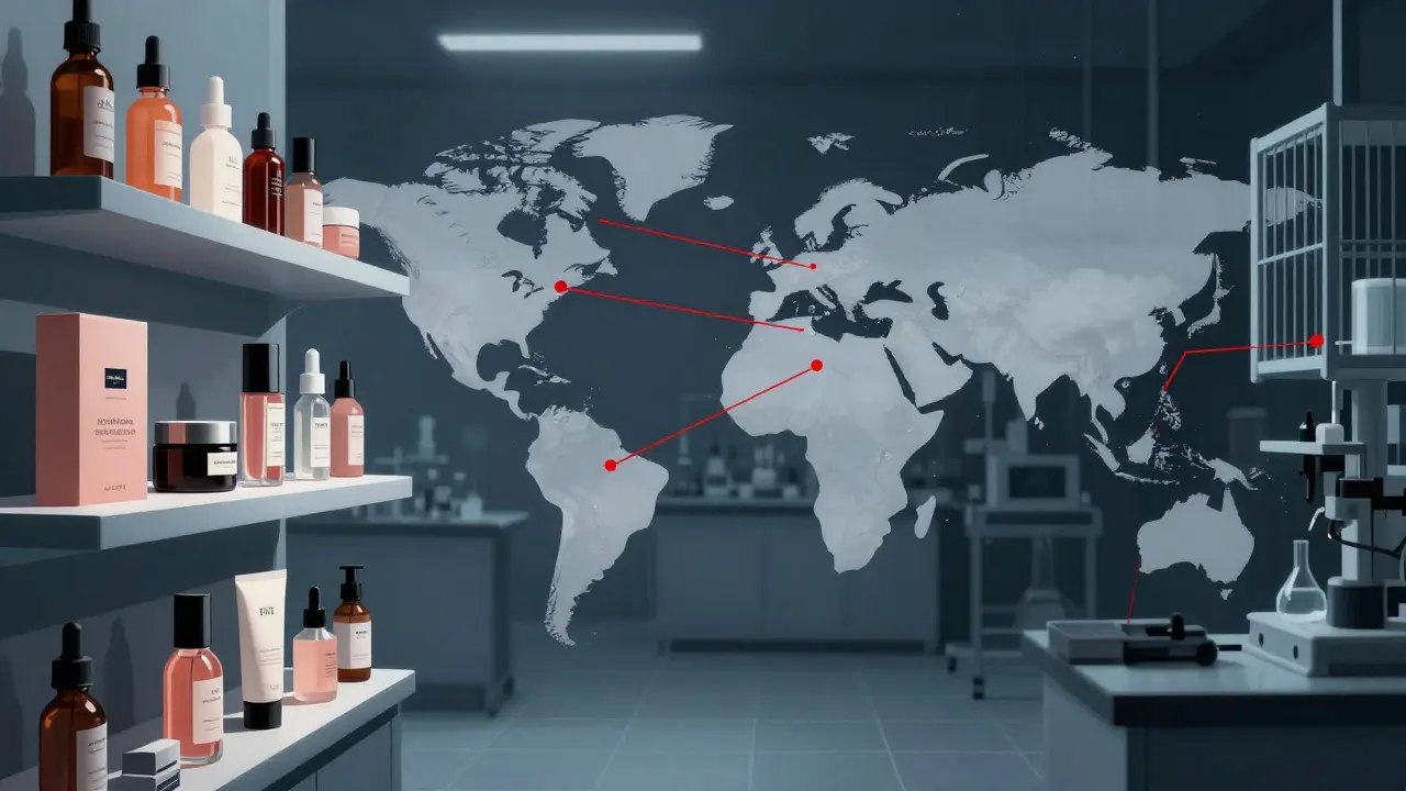 Ilustrace spojující kosmetické značky s laboratorními testy na zvířatech