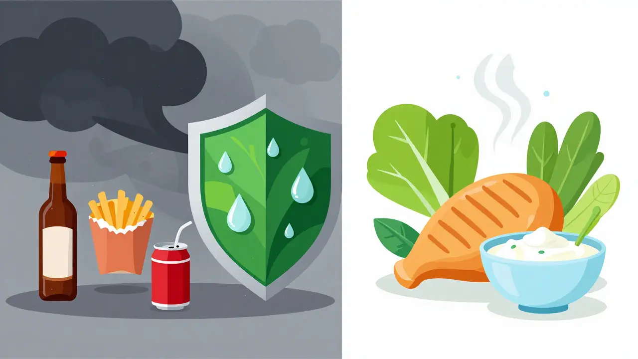 Ilustrace zdravých jídel versus alkohol a tuky při léčbě antibiotiky