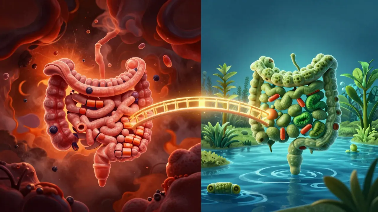 Konceptuální umění zobrazující rovnováhu střevního mikrobiomu
