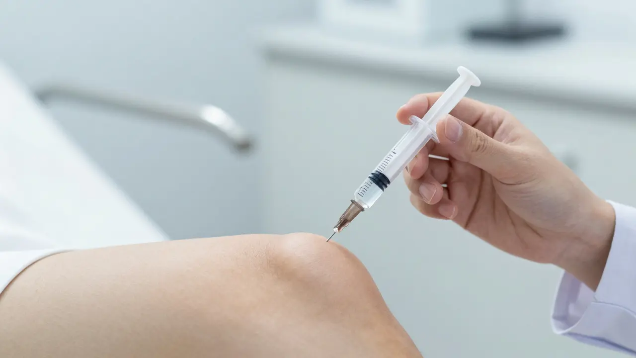 Lékař drží stříkačku s hyaluronovou kyselinou nad kolenem pacienta