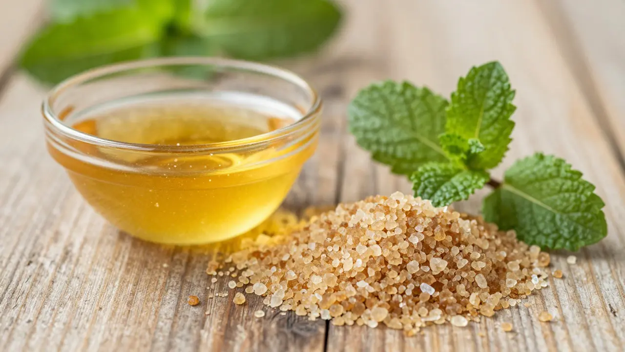 Přírodní ingredience pro peeling: med, cukr a bylinky na dřevěném podkladu