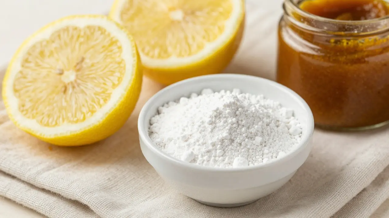 Přírodní ingredience pro zesvětlení: citron, bikarbona a henna na látce