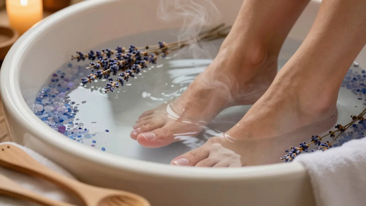 Relaxační koupel nohou s levandulí a solí v moderní vaničce