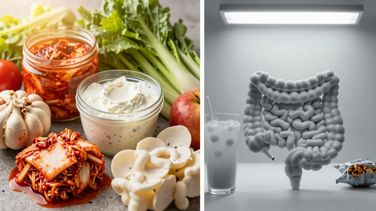Split screen comparing healthy fermented foods with processed junk food