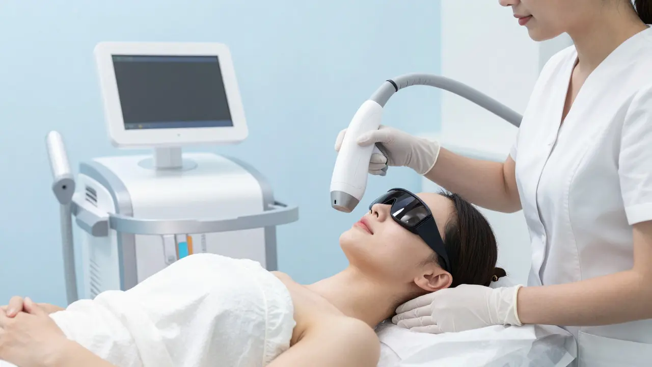 Žena podstupující laserovou depilaci v moderní klinice