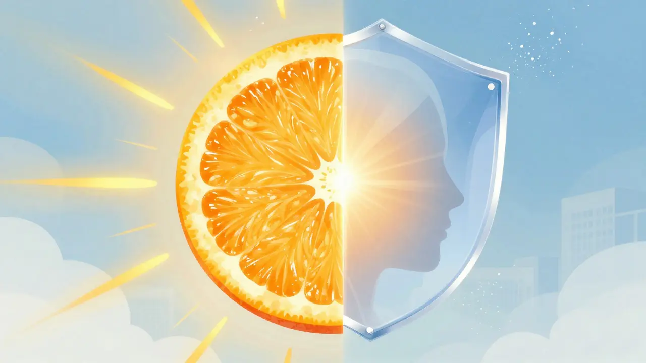 Abstraktní vizualizace ochrany pleti pomocí vitamínu C a SPF