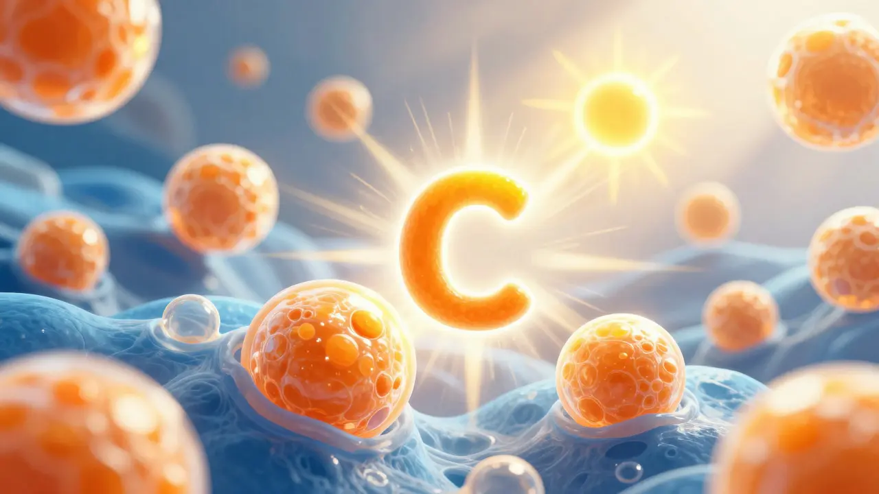 Artistic visualization of antioxidant vitamins protecting skin cells