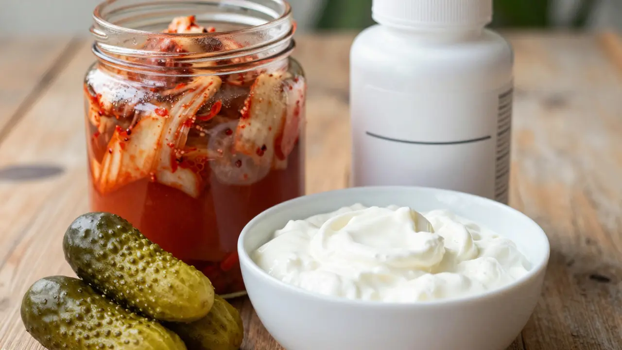 Fermentované potraviny vedle lahvičky probiotik