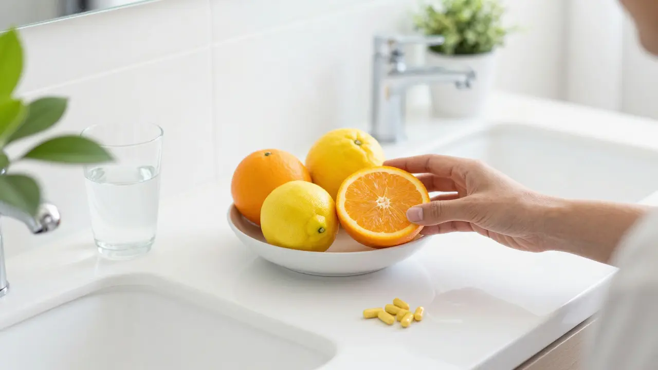 Fresh fruits and supplements arranged on a bathroom counter