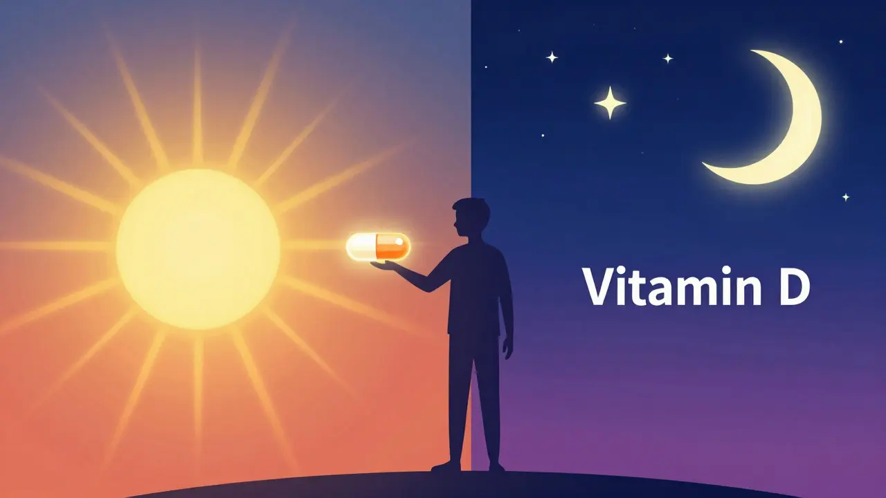 Ilustrace ranního světla a nočního spánku pro příjem vitamínů