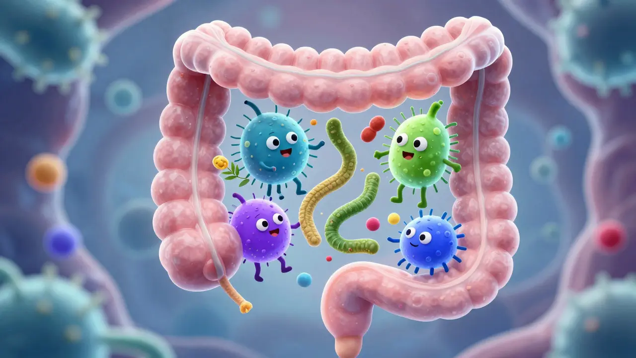 Ilustrace střevního mikrobiomu s přátelskými bakteriemi a vlákninou