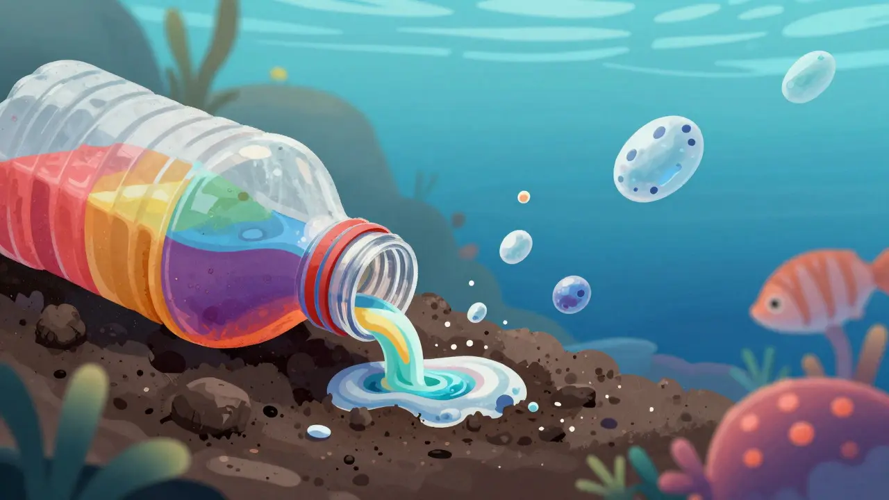 Ilustrace znečištění půdy a oceánů mikroplasty z kosметiky