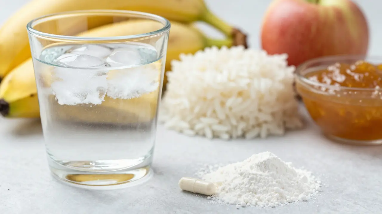 Probiotika, voda a dieta BRAT pro zotavení z průjmu na světlém pozadí