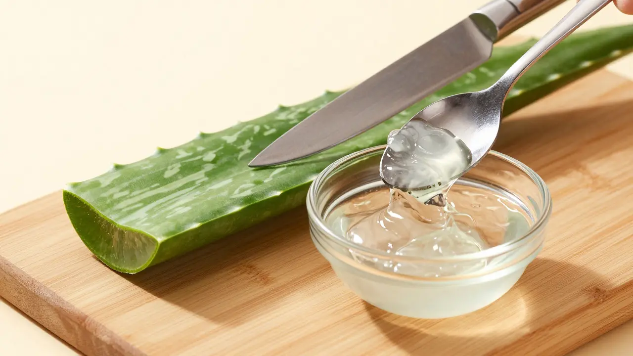 Proces řezání listu aloe vera a získávání čirého gelu do skleněné misky