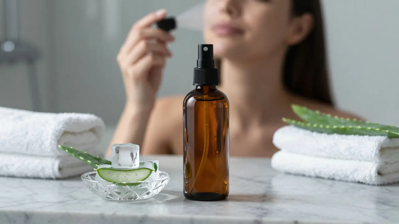 Skleněná lahvička s domácí pleťovou vodou z aloe vera vedle ledových kostek