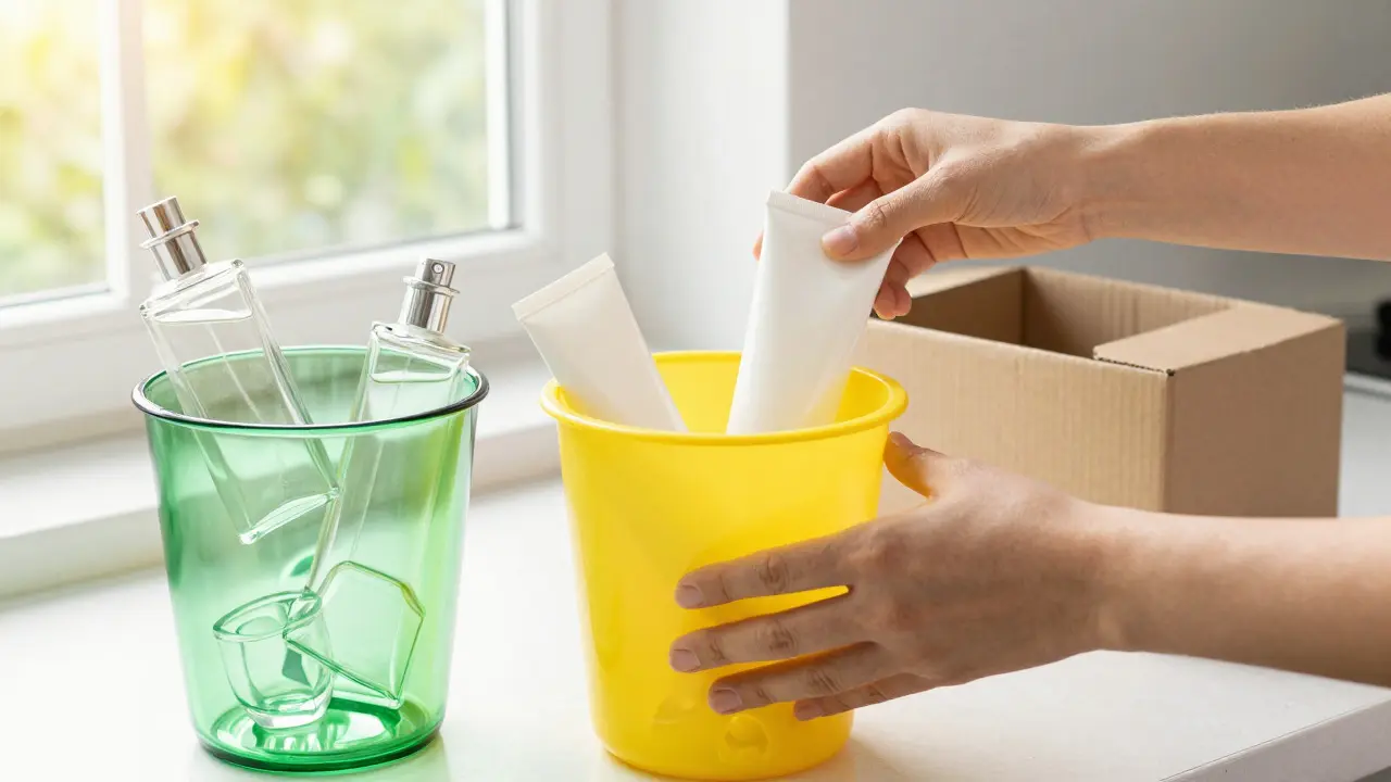 Třídění prázdných obalů od kosmetiky do recyklačních kontejnerů