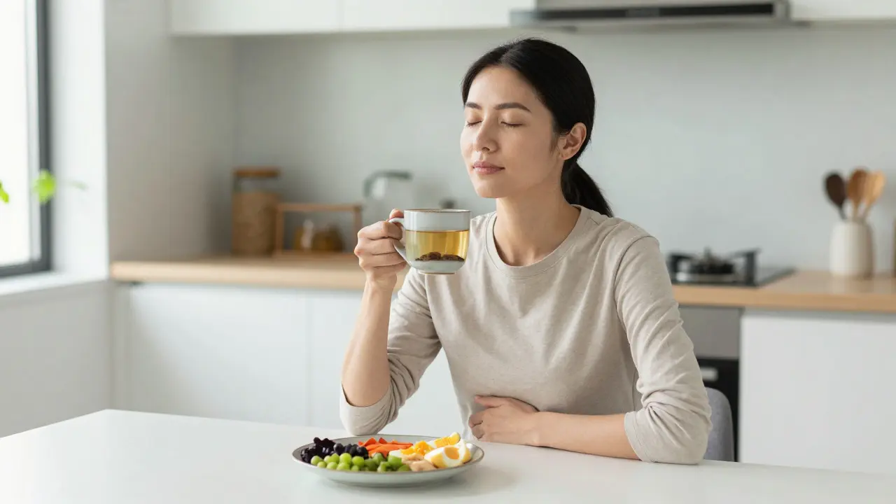 Žena pije čaj v klidné kuchyni pro podporu trávení a relaxaci