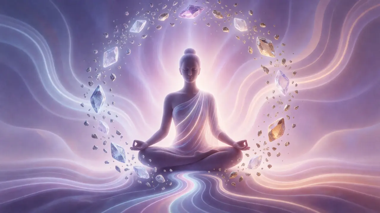 Abstract meditation scene with magnesium and vitamin C particles