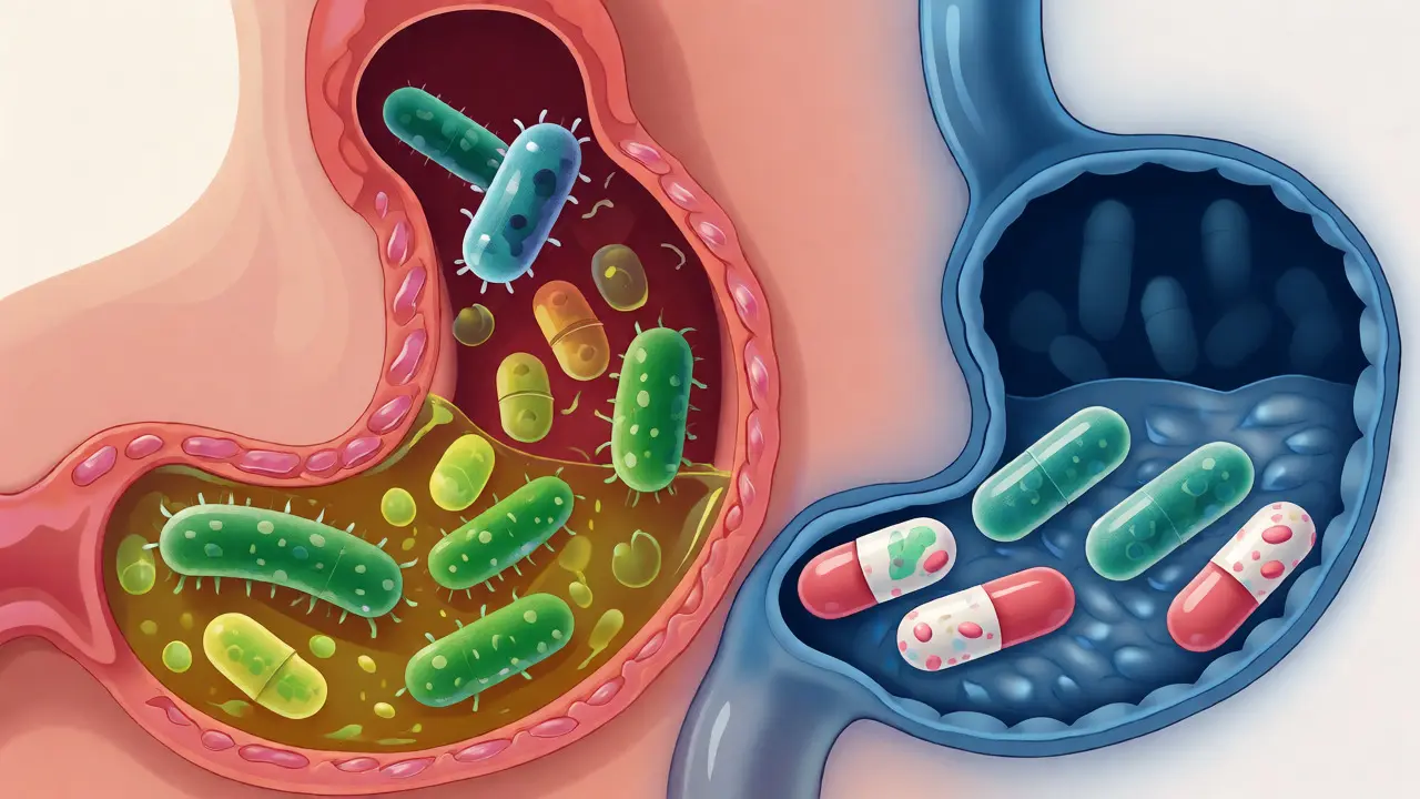 Ilustrace cesty probiotik žaludkem do střeva s ochranou kapsle