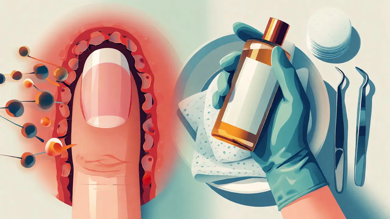 Ilustrace prevence zánětů prstů pomocí dezinfekce nástrojů a ochranných rukavic.