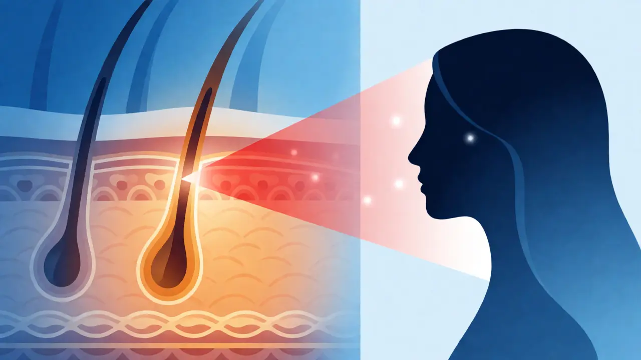 Ilustrace řezu kůží s laserem cílícím na vlasový folikul