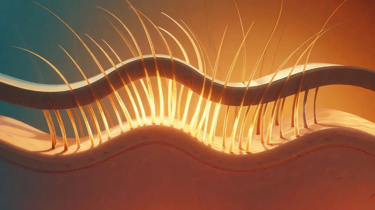 Konceptuální ilustrace chránící funkce chloupků proti tření mezi vrstvami kůže.