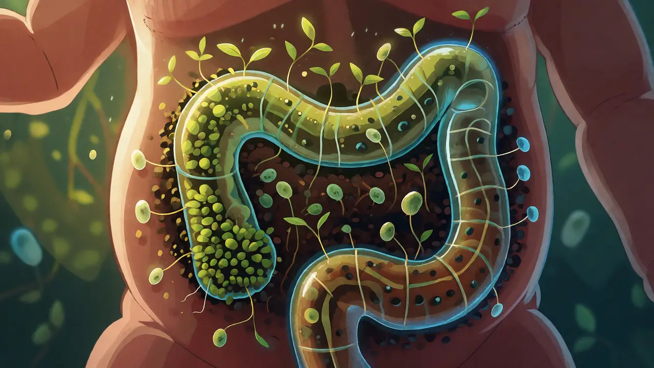 Konceptuální ilustrace mikrobiomu jako zahrady v těle miminka