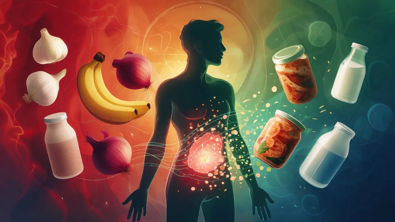 Konceptuální ilustrace zdravého životního stylu a stravy pro obnovu střevního mikrobiomu