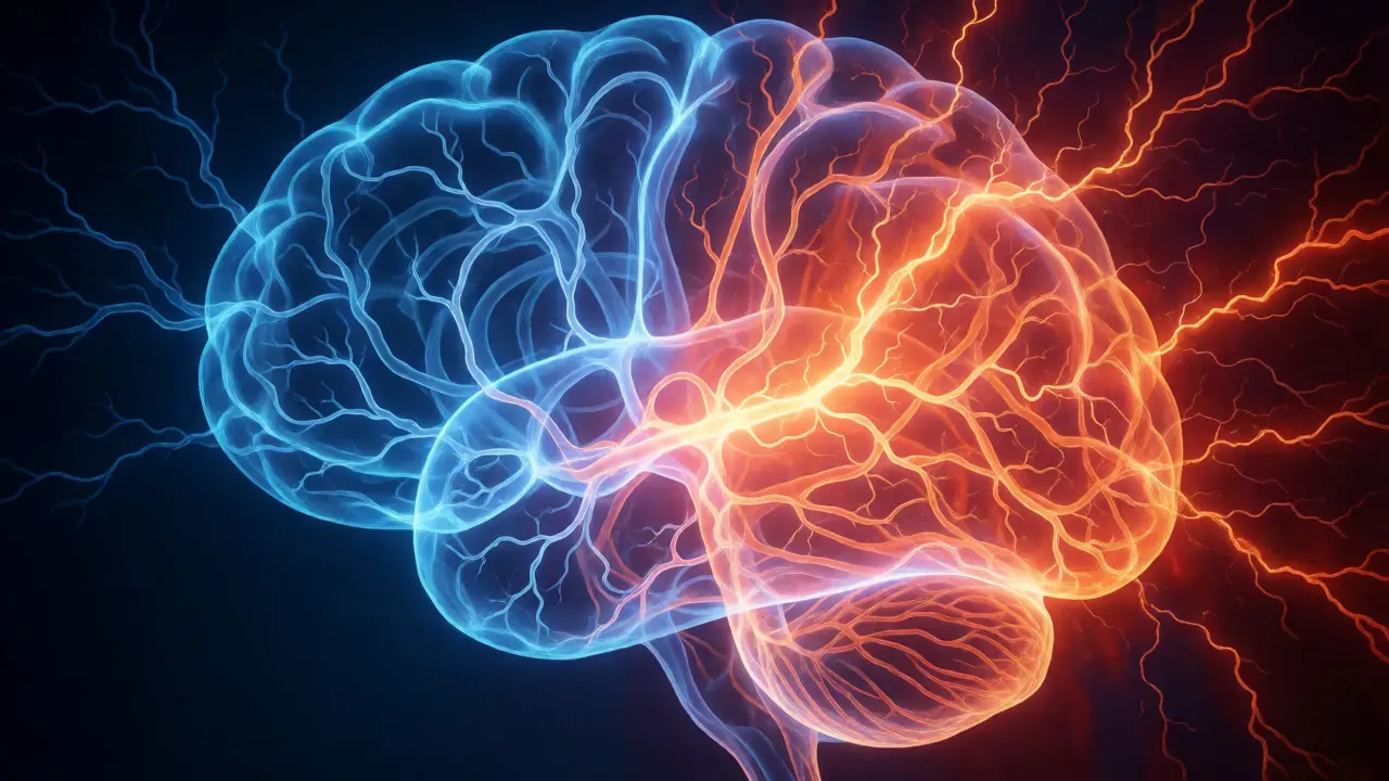 Konceptuální vizualizace neurochemické bouře v mozku