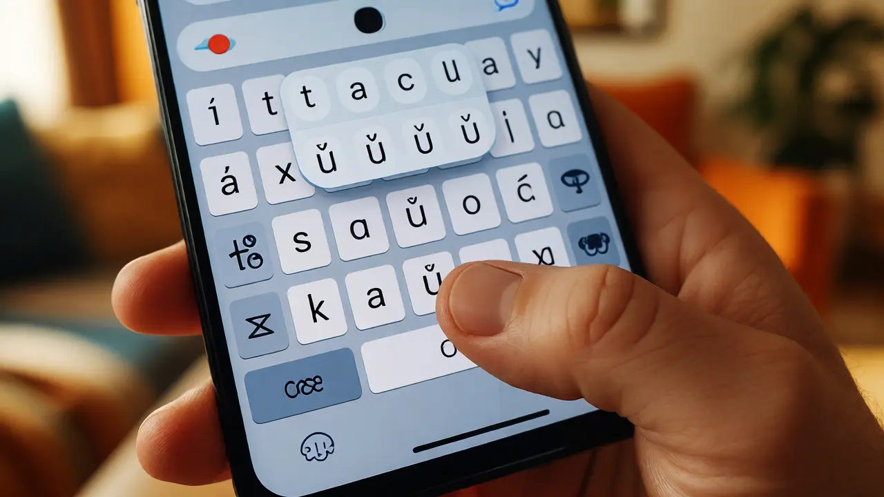 Prst drží písmeno U na dotykové klávesnici telefonu a vybírá variantu