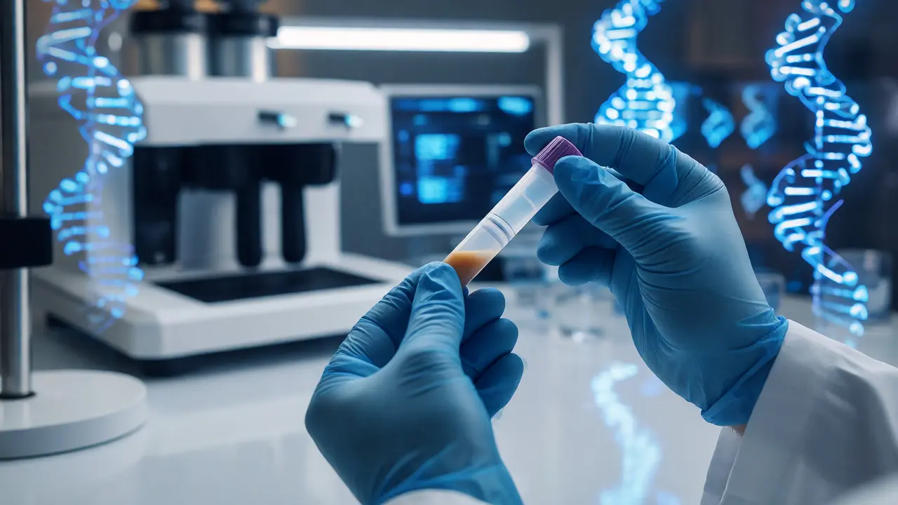 Vědec manipulující se vzorkem stolice pro genetickou analýzu mikrobiomu v laboratoři