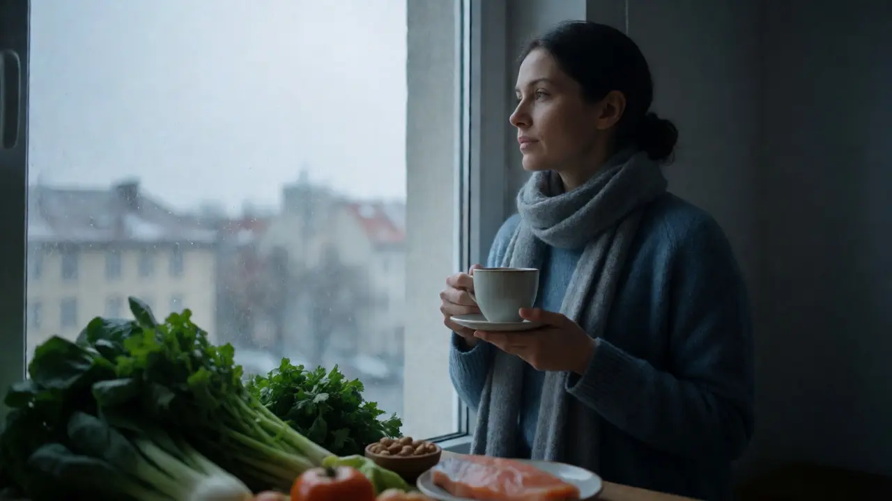 Woman looking out a window in winter with healthy foods nearby