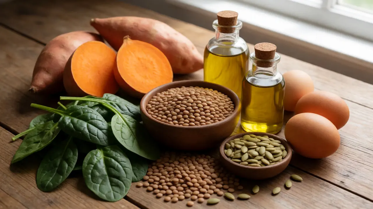 Zdravé potraviny bohaté na vitamíny pro silné nehty na dřevěném stole