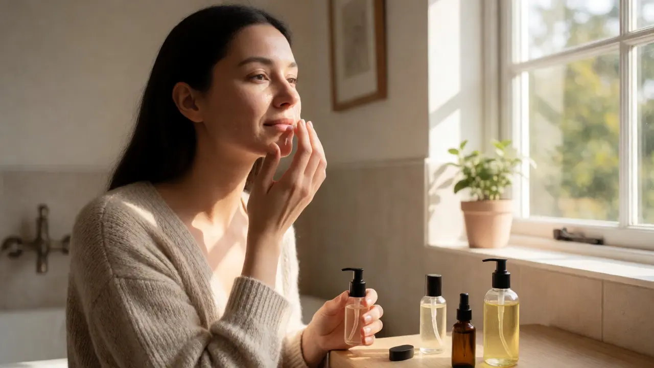 Žena aplikuje sérum během ranní rutiny domácí péče o pleť
